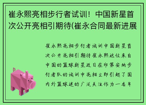 崔永熙亮相步行者试训！中国新星首次公开亮相引期待(崔永合同最新进展)
